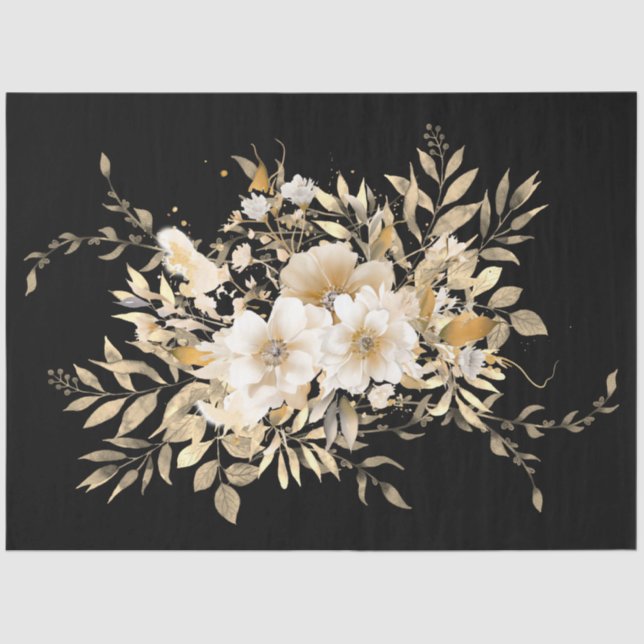 Golden Tone Floral Black Decoupage Tissue Paper Seidenpapier (Vorderseite)