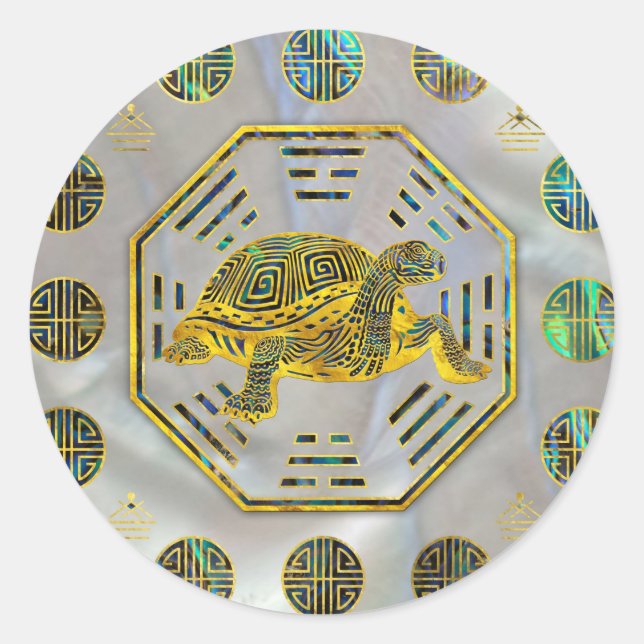 Golden Tortoise / Turtle Feng Shui Abalone Muschel Runder Aufkleber (Vorderseite)