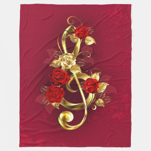 Golden Treble Cleve mit Rose Blume Fleecedecke (Vorderseite)
