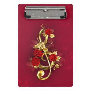 Golden Treble Cleve mit Rose Blume Mini Klemmbrett