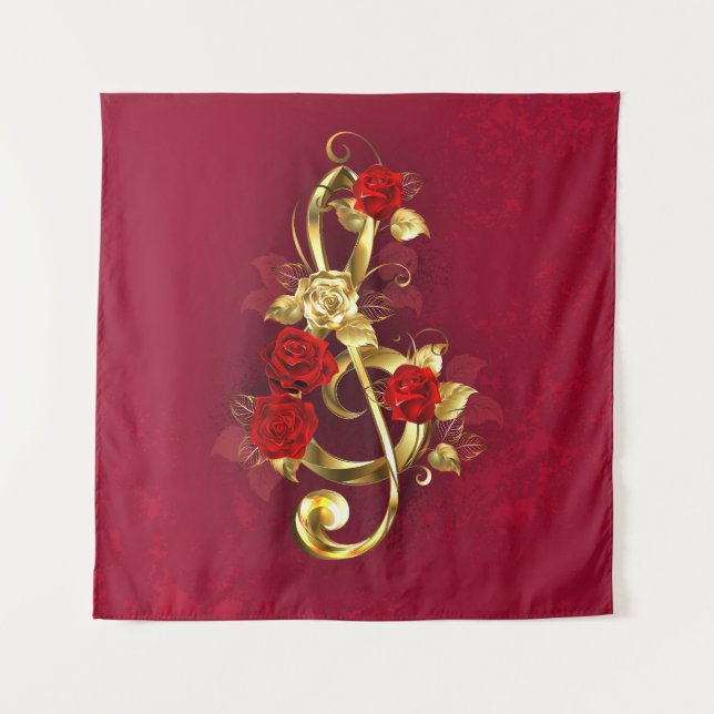 Golden Treble Cleve mit Rose Blume Wandteppich (Vorderseite)