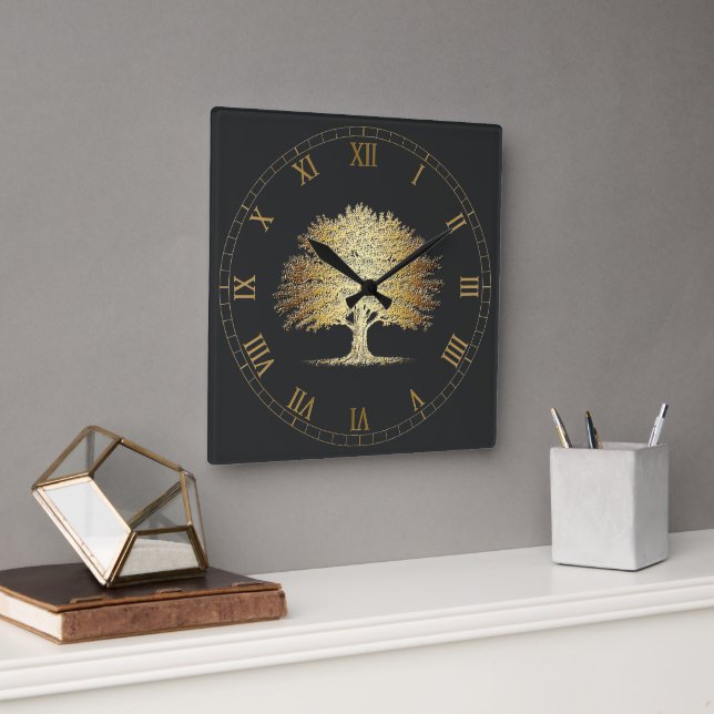 Golden Tree of Life (Oak Tree)  Quadratische Wanduhr (Büro)