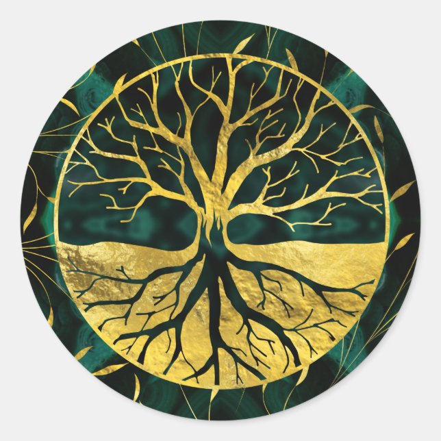 Golden Tree of Life Yggdrasil on Malachite Runder Aufkleber (Vorderseite)