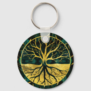 Golden Tree of Life Yggdrasil on Malachite Schlüsselanhänger