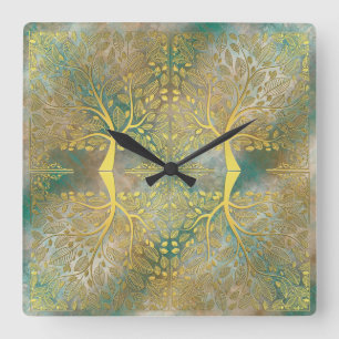 Golden Tree Reflection on Earth Tones Quadratische Wanduhr
