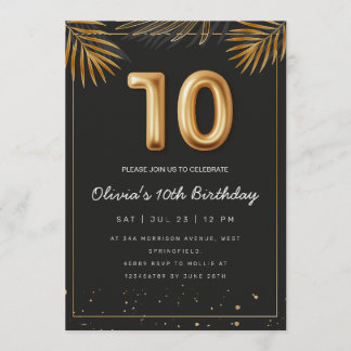 Golden Tropical Palm Leaves 10th Birthday  Einladung