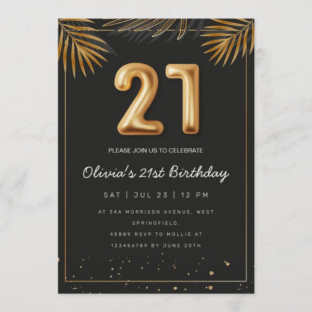 Golden Tropical Palm Leaves 21st Birthday  Einladung (Vorderseite)
