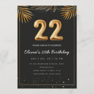 Golden Tropical Palm Leaves 22th Birthday  Einladung