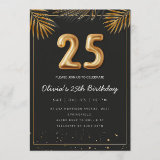 Golden Tropical Palm Leaves 25th Birthday  Einladung