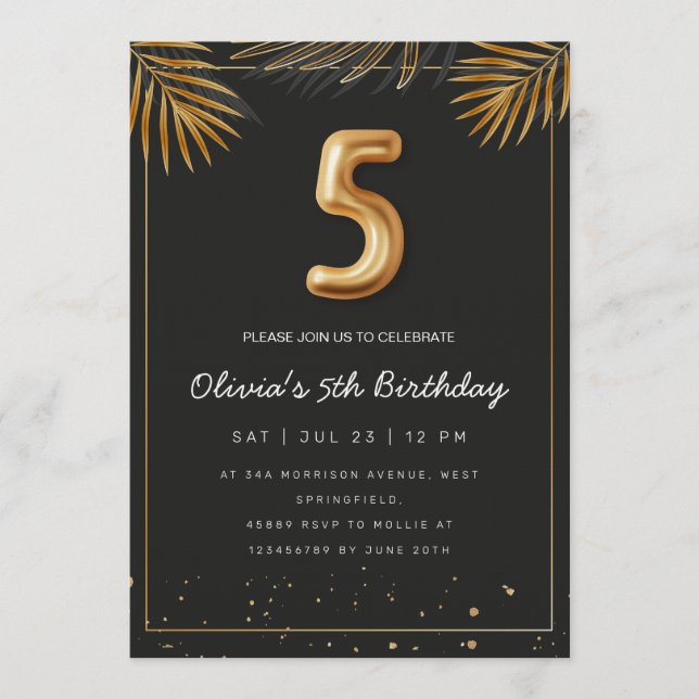  Golden Tropical Palm Leaves 5th Birthday  Einladung (Vorderseite)