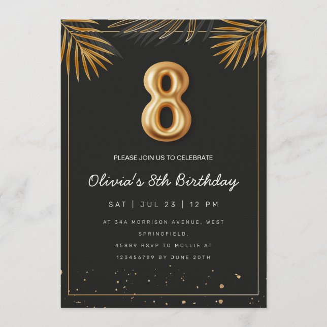 Golden Tropical Palm Leaves 8th Birthday  Einladung (Vorderseite)