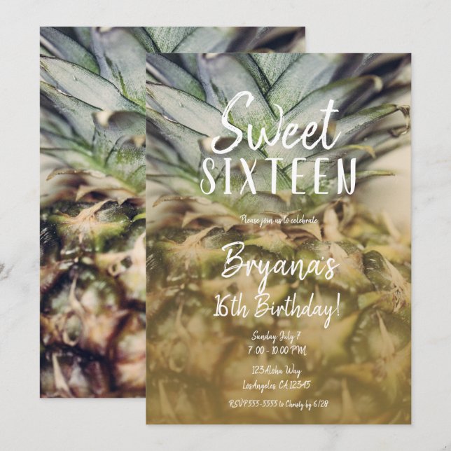 Golden Tropical Pineaple Sweet 16 Party Einladung (Vorne/Hinten)