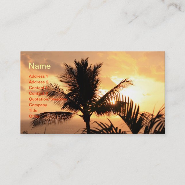 Golden Tropical Sunset and Palm Tree Business Card Visitenkarte (Vorderseite)