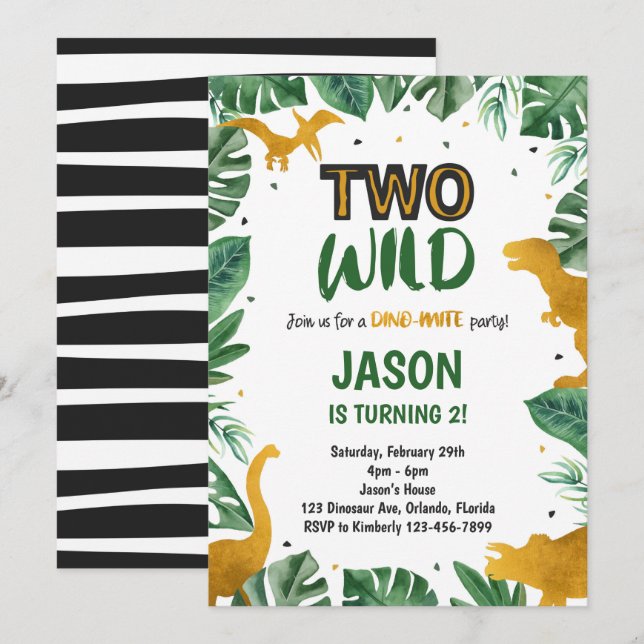 Golden Two Wild Dinosaurier Einladung (Vorne/Hinten)