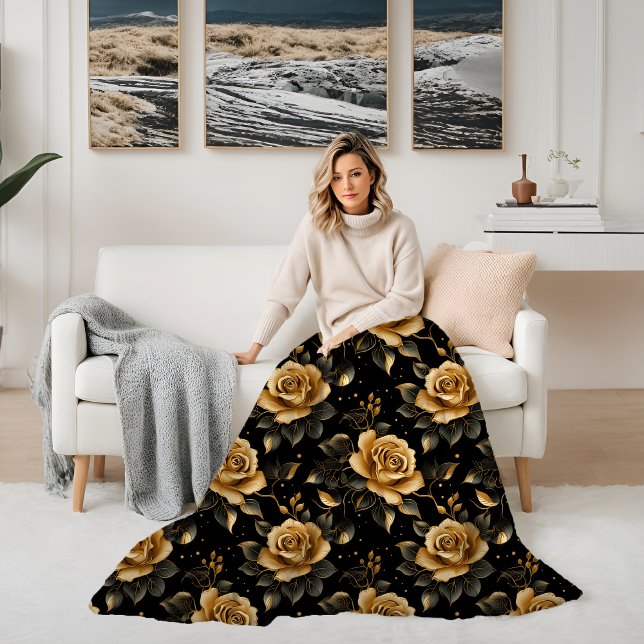 Golden und Black Floral Elegante Rose Fleecedecke (Floral Golden and Black Elegant Roses Fleece Blanket)