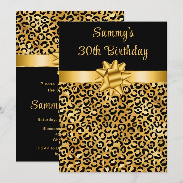 Golden und Black Leopard Print Birthday Party Einladung (Vorne/Hinten)