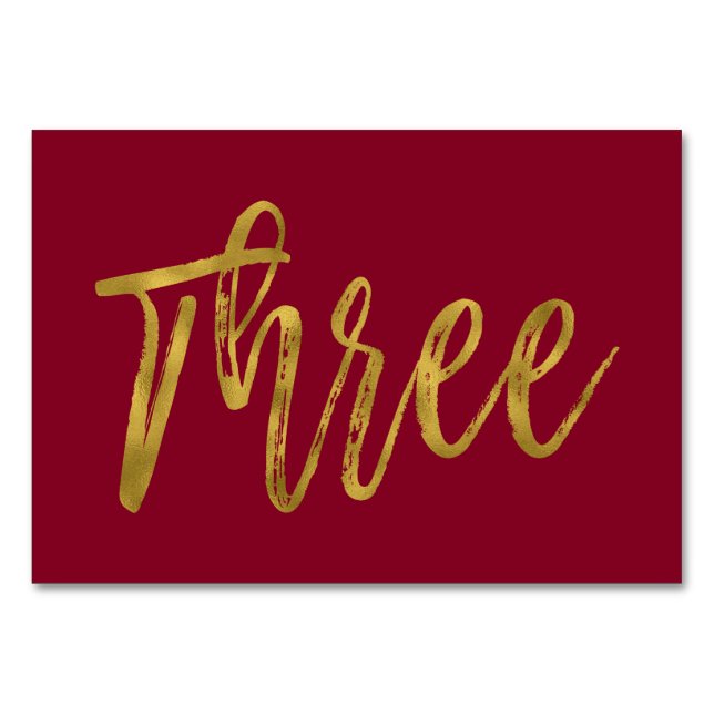 Golden und Burgund Elegante Tischnummer Drei Schat (Vorderseite)