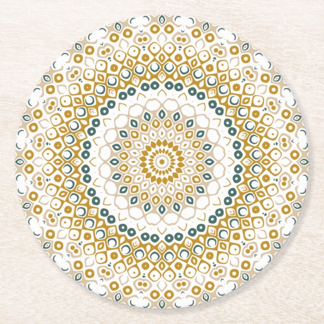 Golden und Green Geometric Mandala Pattern Runder Pappuntersetzer (Vorderseite)