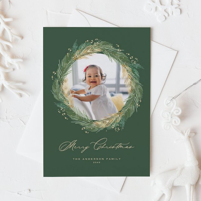Golden und Green Pine Needles Wreath Weihnachtsfes (Faux Gold Foil Pine Needles Wreath Merry Christmas Photo Holiday Card)