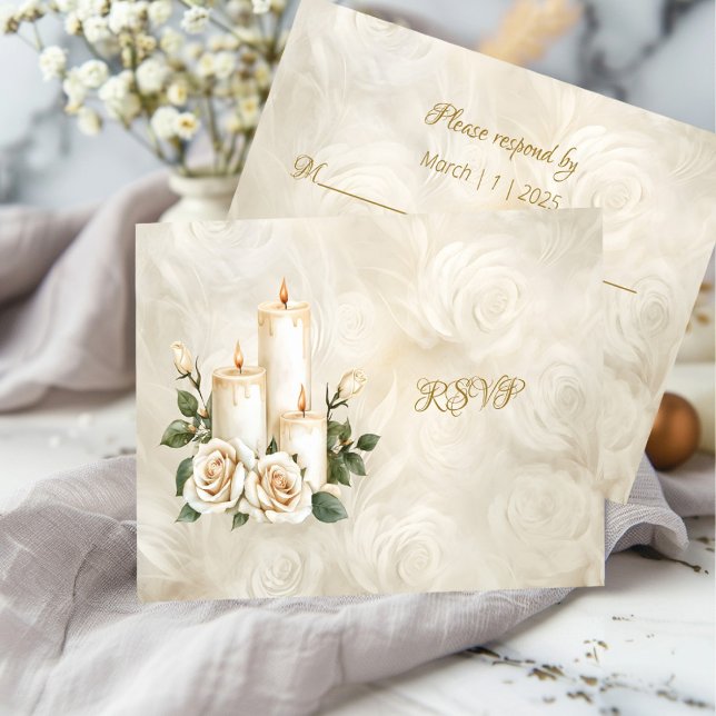 Golden und White Roses Arch Rahmen Candlelight RSVP Karte (Von Creator hochgeladen)