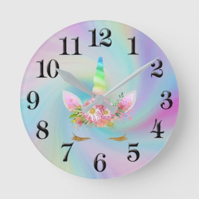 Golden Unicorn Rainbow Clock Runde Wanduhr (Vorderseite)