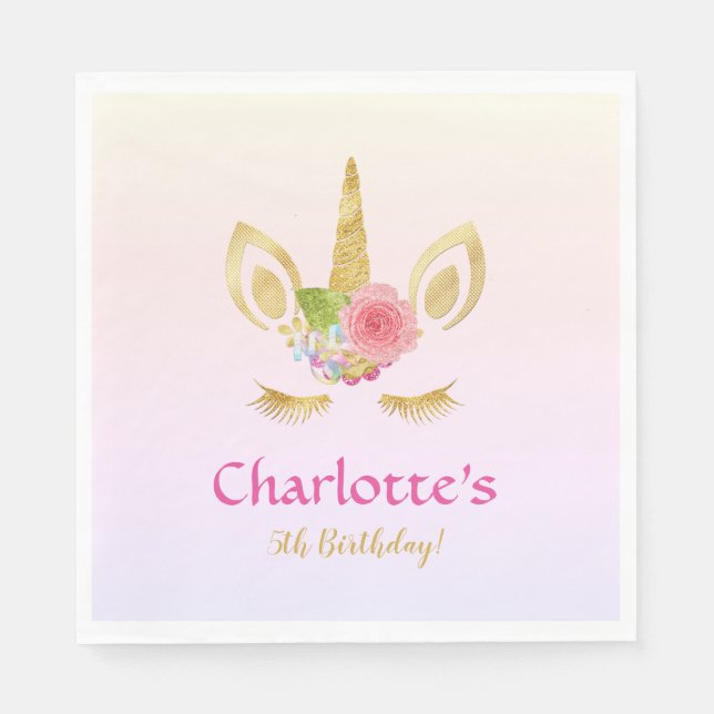 Golden Unicorn Rosa Regenbogen Personalisiert Gebu Serviette (Vorderseite)