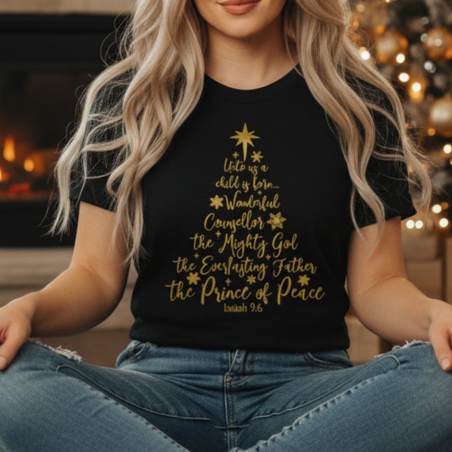 Golden "Uns ist ein Kind Geboren" Weihnachtsbaum T-Shirt (Golden “Unto Us A Child Is Born” shirt — faith, scripture & Christmas joy in one design!)