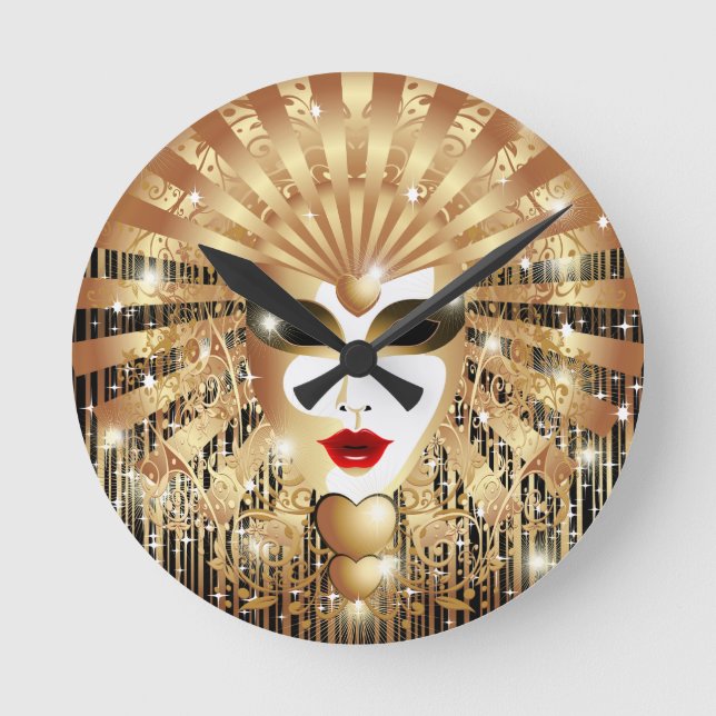 Golden Venice Carnival Party Mask Runde Wanduhr (Vorderseite)