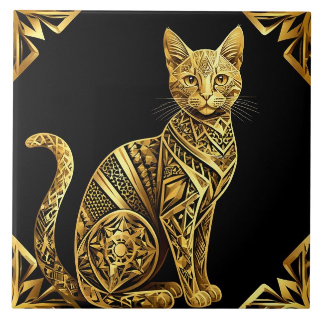 Golden Verziert Cat Illustration Fliese (Vorderseite)