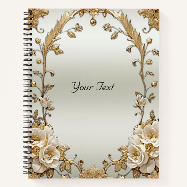 Golden Verziert White Blume Notebook Notizbuch (Vorderseite)