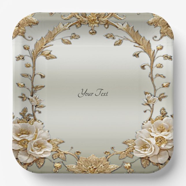 Golden Verziert White Blume Paper Plate Pappteller (Vorderseite)