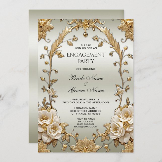 Golden Verziert White Blume Verlobung Einladung (Vorne/Hinten)