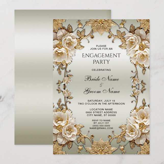 Golden Verziert White Blume Verlobung Einladung (Vorne/Hinten)