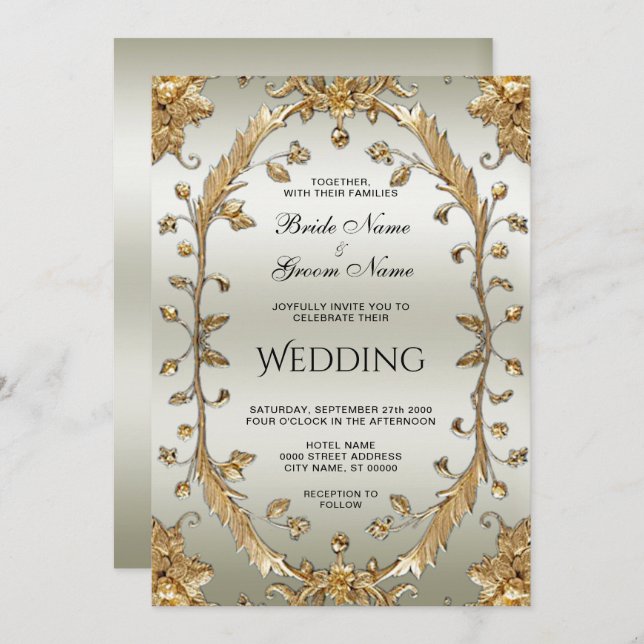 Golden Verzierte Blume Hochzeitsfeiern Einladung (Vorne/Hinten)