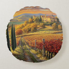 Golden Vineyard Path – Round Throw Pillow Rundes Kissen