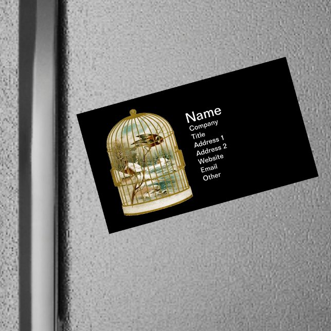 Golden Vintag Bird Cage Winter Szene Magnetische Visitenkarte (Golden birdcage with bird and winter cabin scene inside on black magnetic business card.)
