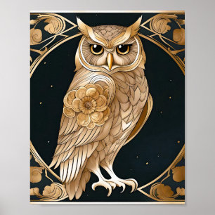 Golden Vintag Owl Art Deco Poster