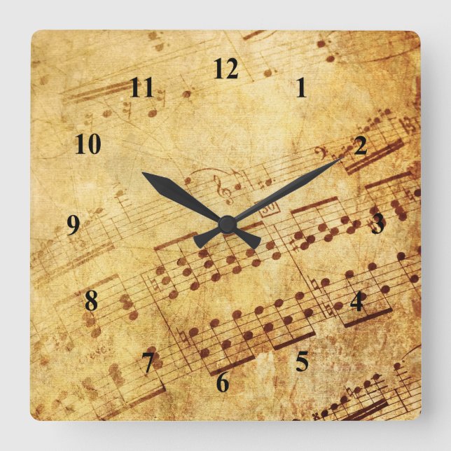 Golden Vintage Notennotiz Quadratische Wanduhr (Vorderseite)