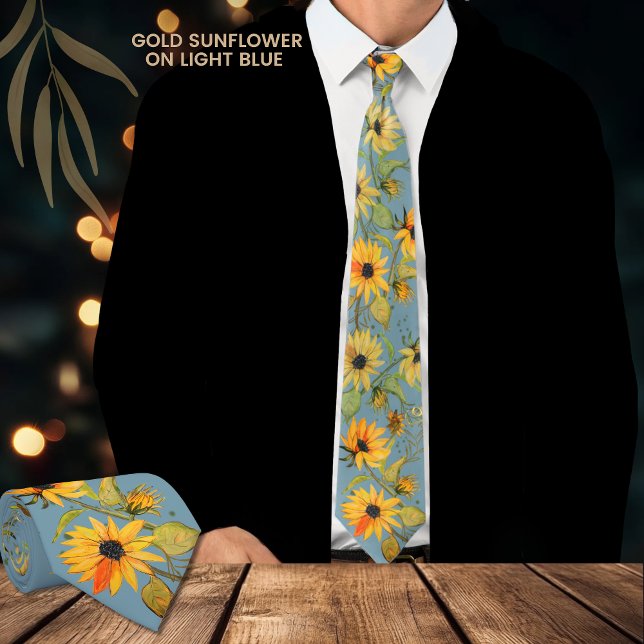 Golden Watercolor Sonnenblume Blaue Flora und Faun Krawatte (Golden Watercolor Sunflower Light Blue Neck Tie)