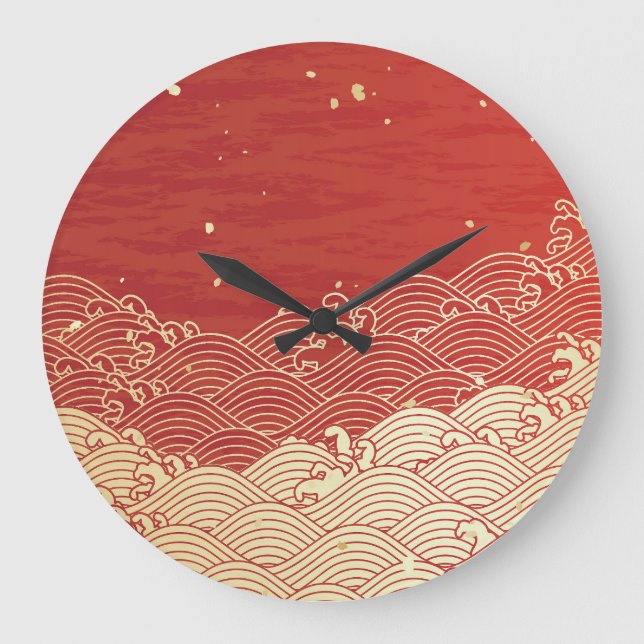 Golden Wave Paper Texture Muster Große Wanduhr (Vorderseite)