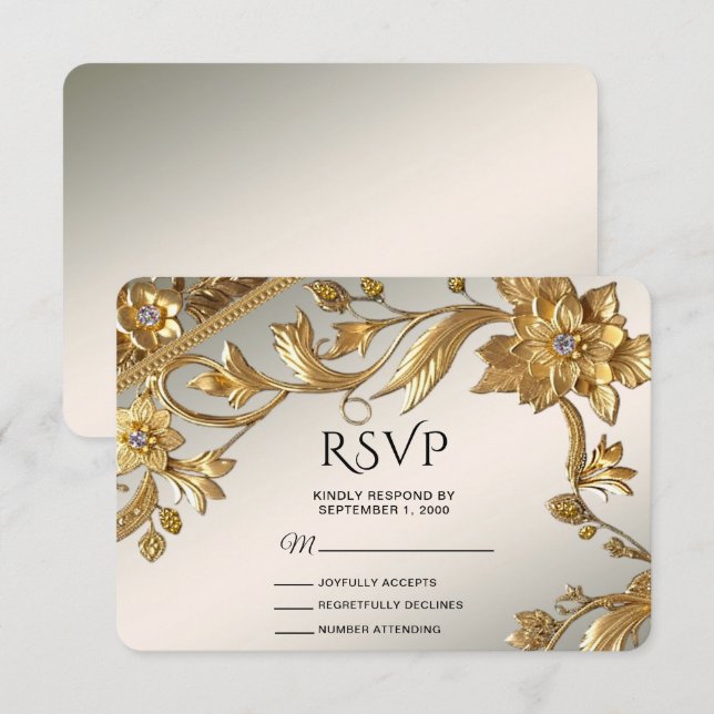 Golden Wavy Blätter floral RSVP Card Karte (Vorne/Hinten)