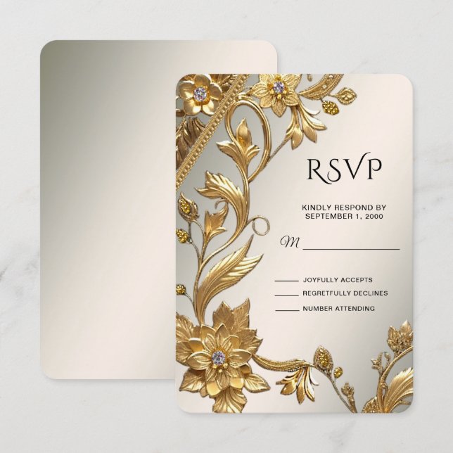 Golden Wavy Blätter floral RSVP Card Karte (Vorne/Hinten)