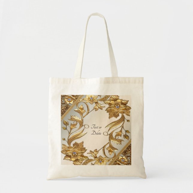 Golden Wavy Blätter Floral Tote Bag Tragetasche (Vorne)