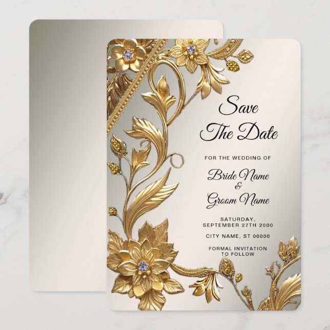 Golden Wavy Blätter Save the Date floral (Vorne/Hinten)