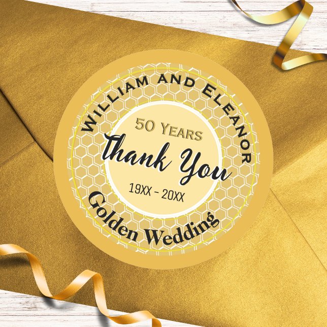 Golden Wedding 50 Jahre Jubiläum Gefallen Vielen D Runder Aufkleber (A sticker for a 50th (Golden) Wedding Anniversary with Thank You message, for envelopes, favors etc.)