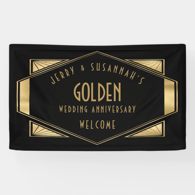 Golden Wedding 50. Names Art Deko Gold Black Banner (Horizontal)