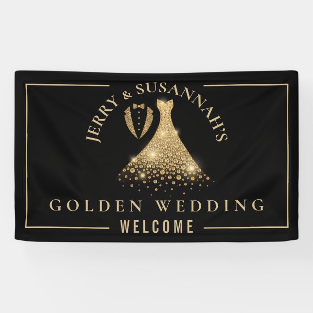 Golden Wedding 50. Names Tux Dress Gold Black Banner (Horizontal)