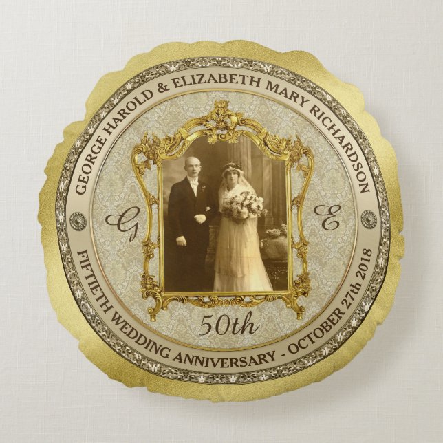 Golden Wedding Anniversary Classic Foto Frame Rundes Kissen (Vorderseite)