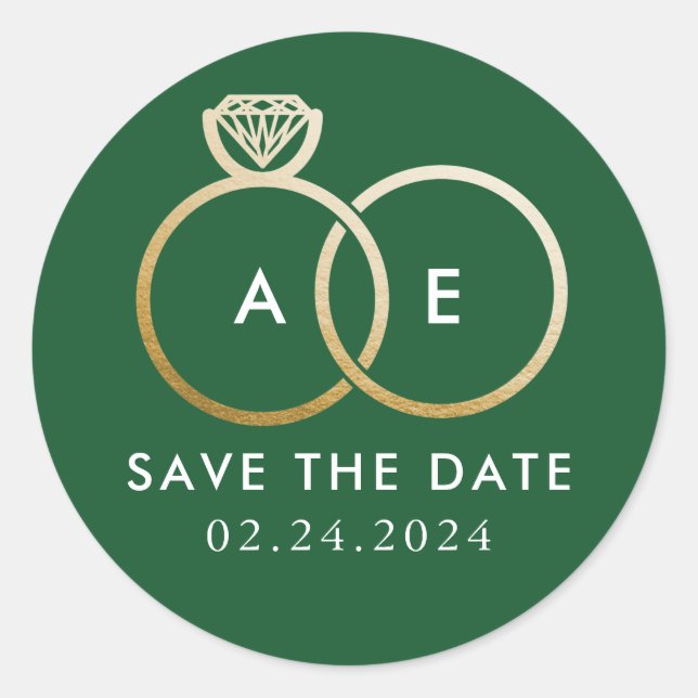 Golden Wedding Rings on Hunter Green Save the Date Runder Aufkleber (Vorderseite)