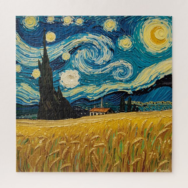 Golden Wheat Field Under Starry Skies - Textured O Puzzle (Vertikal)